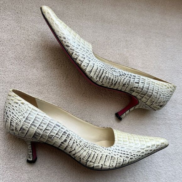 Emanuel Urgaro Paris Embossed Snakeskin Cream Taupe Leather Pumps Pointy Women 8 - Picture 1 of 16